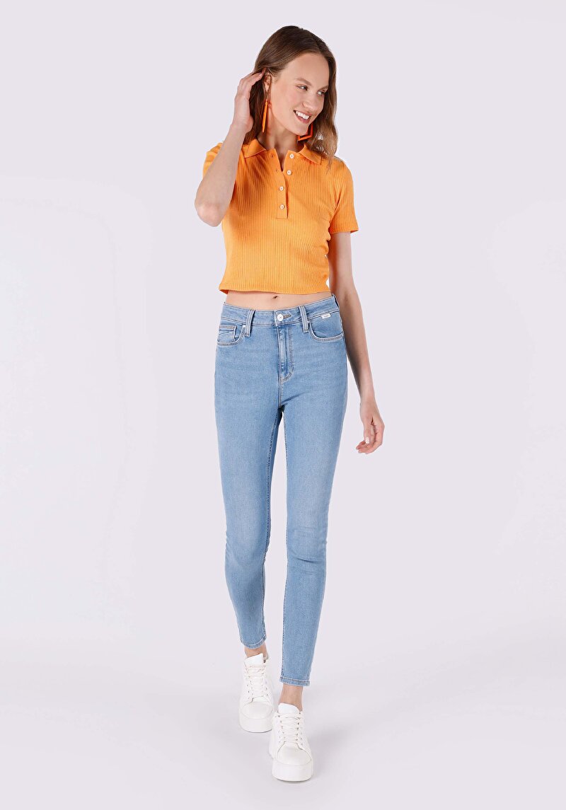 Skinny Fit Orta Bel Dar Paça Kadın İndigo Jean Pantolon