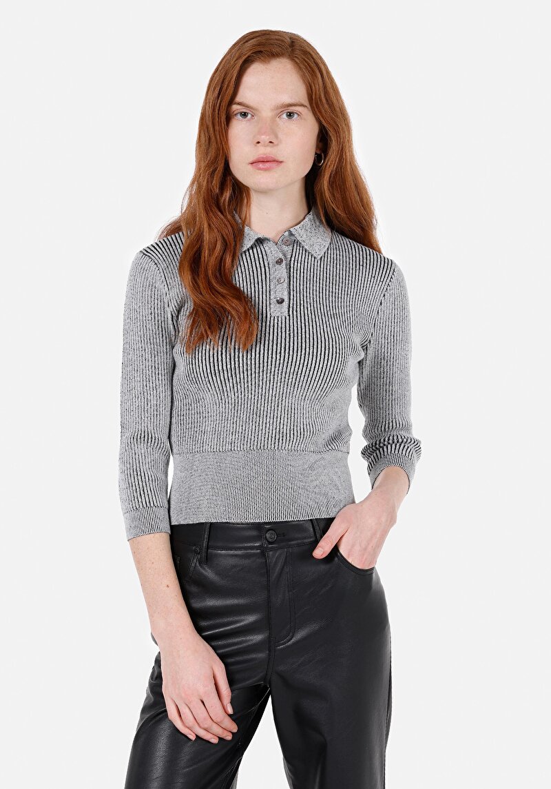 Slim Fit Polo Yaka Düz Kadın Siyah Kazak