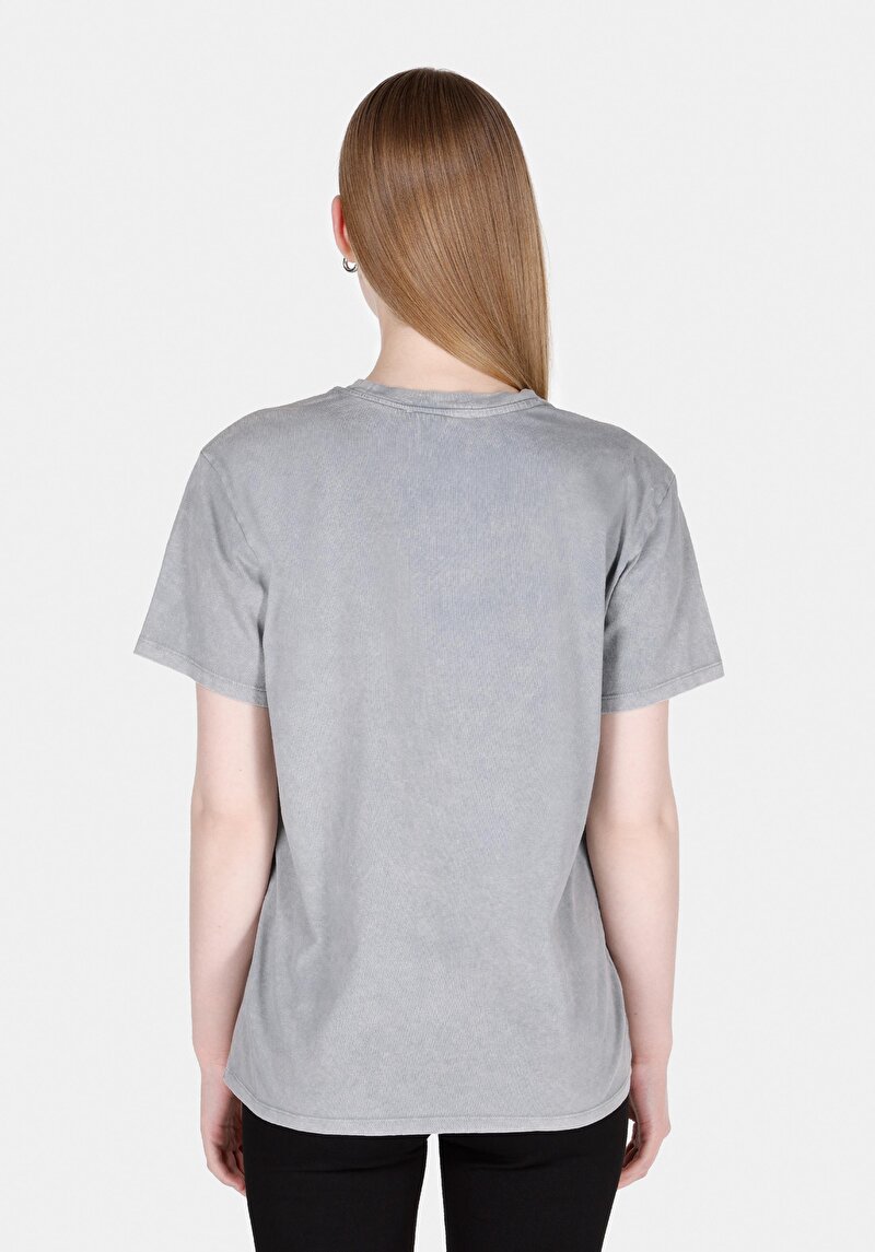 Regular Fit Yuvarlak Yaka Baskılı Kadın Gri Kısa Kol Tişört
