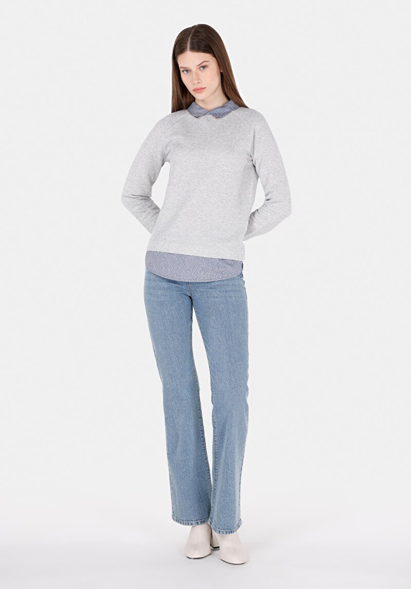 Regular Fit Shirt Neck Düz Kadın Gri Uzun Kol Tişört