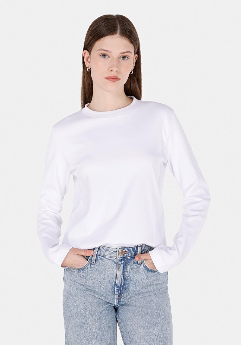 Regular Fit Yuvarlak Yaka Düz Kadın Beyaz Uzun Kol Tişört