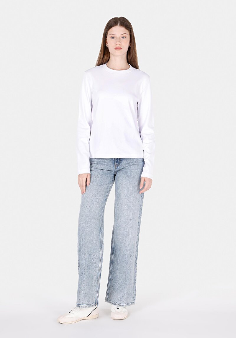 Regular Fit Yuvarlak Yaka Düz Kadın Beyaz Uzun Kol Tişört