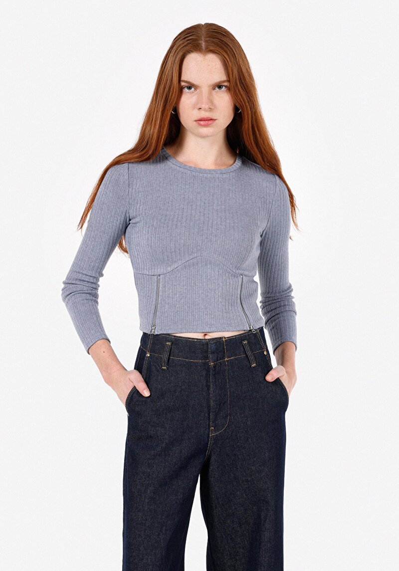 Slim Fit Yuvarlak Yaka Düz Kadın Mavi Uzun Kol Tişört