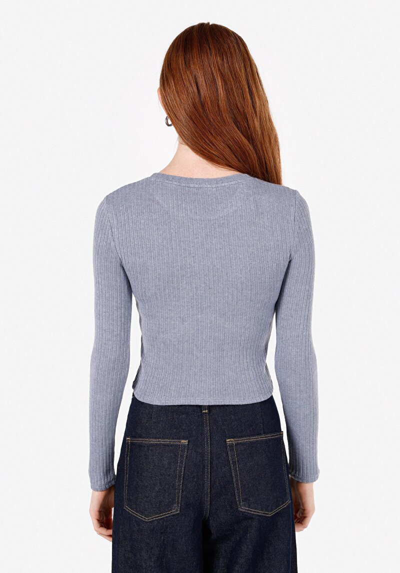 Slim Fit Yuvarlak Yaka Düz Kadın Mavi Uzun Kol Tişört