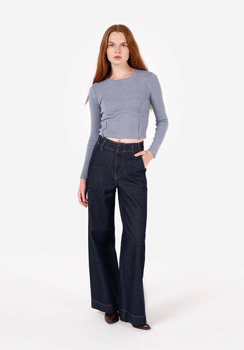 Slim Fit Yuvarlak Yaka Düz Kadın Mavi Uzun Kol Tişört