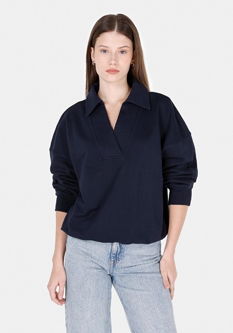 Regular Fit Polo Yaka Düz Kadın Lacivert Sweatshirt