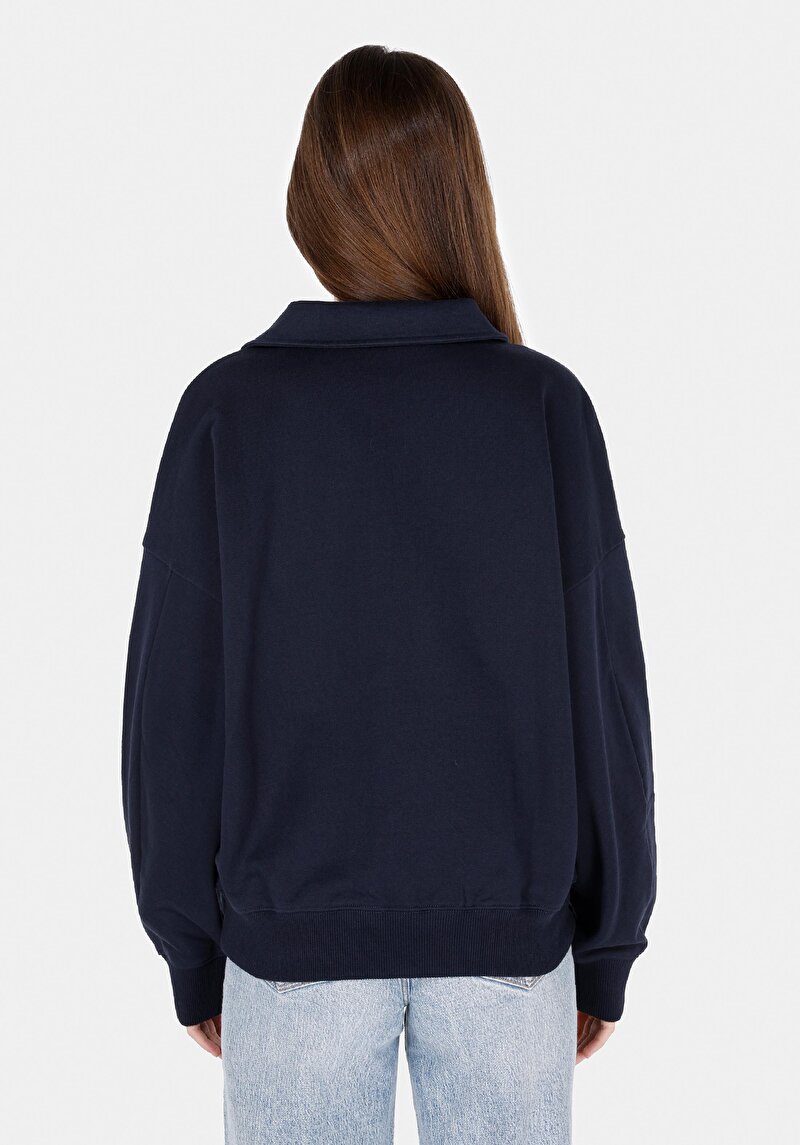 Regular Fit Polo Yaka Düz Kadın Lacivert Sweatshirt
