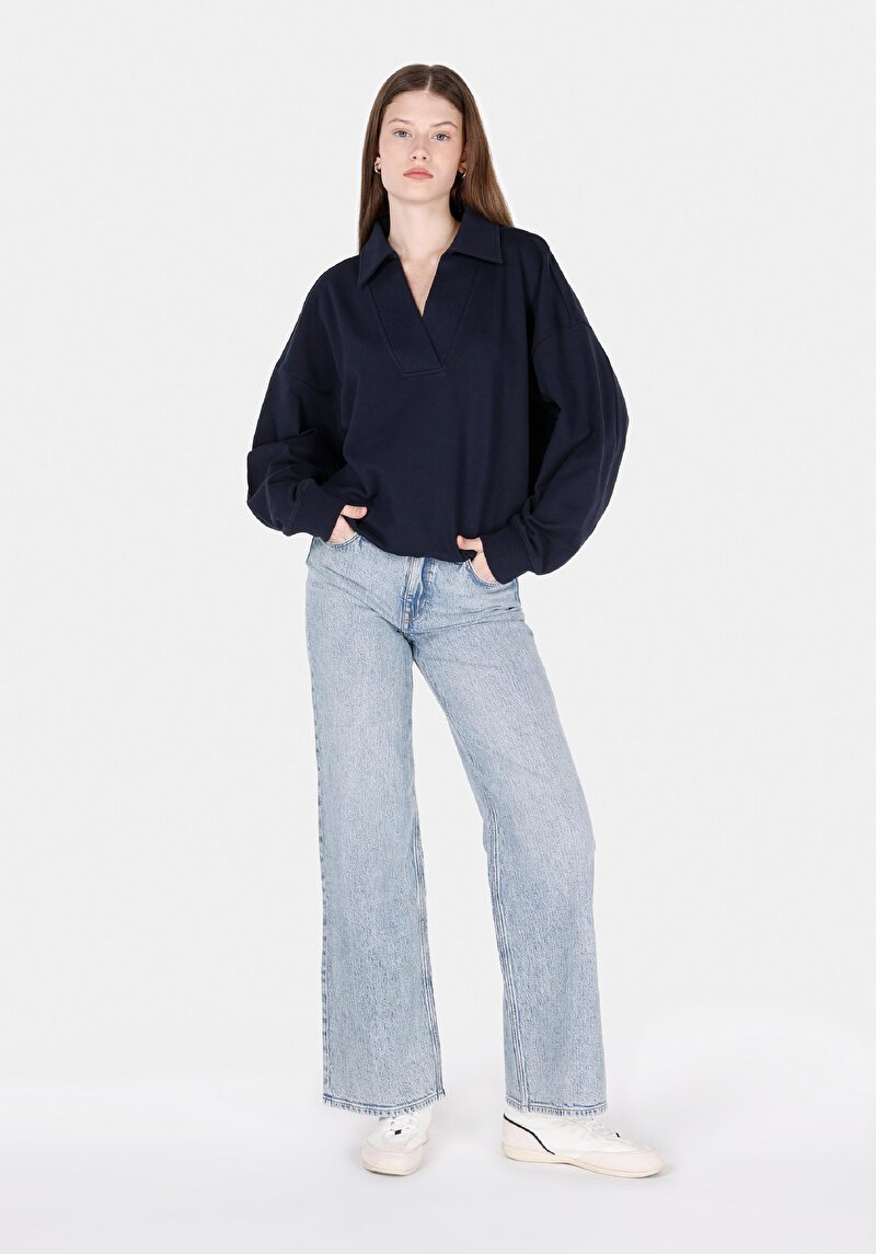 Regular Fit Polo Yaka Düz Kadın Lacivert Sweatshirt
