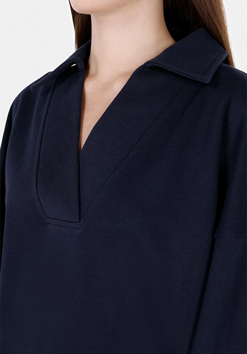 Regular Fit Polo Yaka Düz Kadın Lacivert Sweatshirt