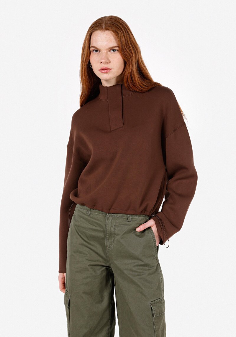 Regular Fit Dik Yaka Düz Kadın Kahverengi Sweatshirt