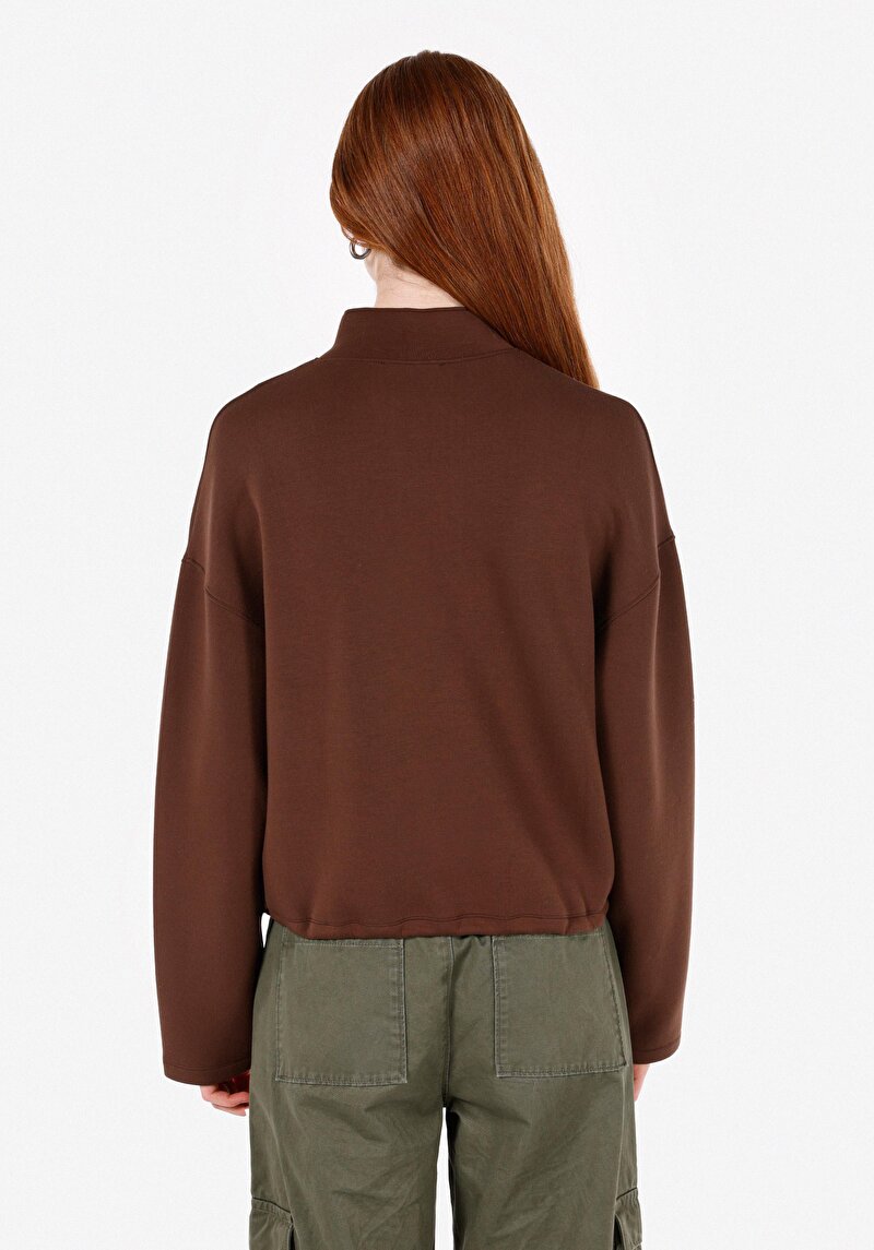 Regular Fit Dik Yaka Düz Kadın Kahverengi Sweatshirt