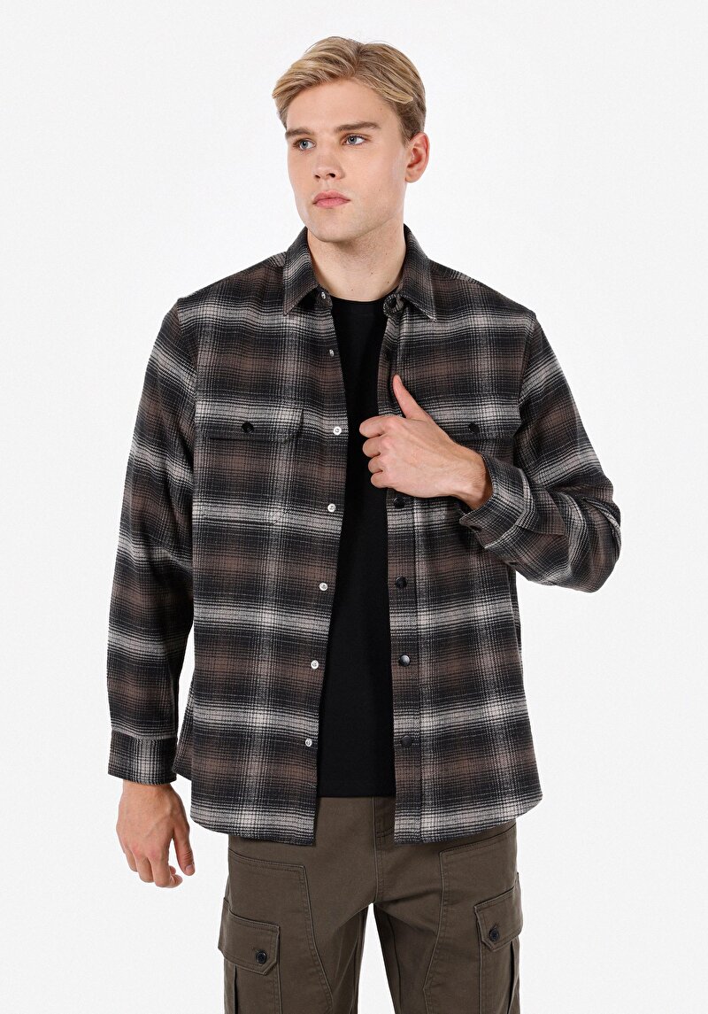 Comfort Fit Shirt Neck Ekoseli Erkek Kahverengi Uzun Kol Gömlek