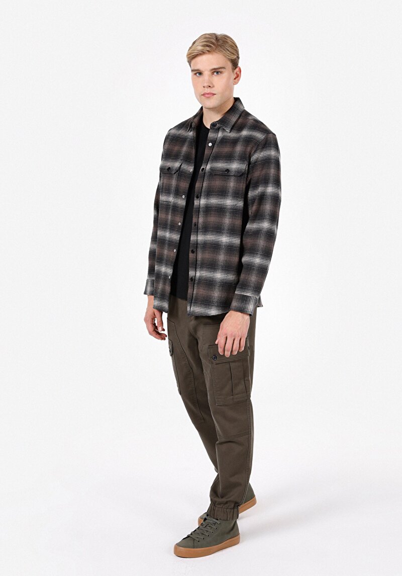 Comfort Fit Shirt Neck Ekoseli Erkek Kahverengi Uzun Kol Gömlek
