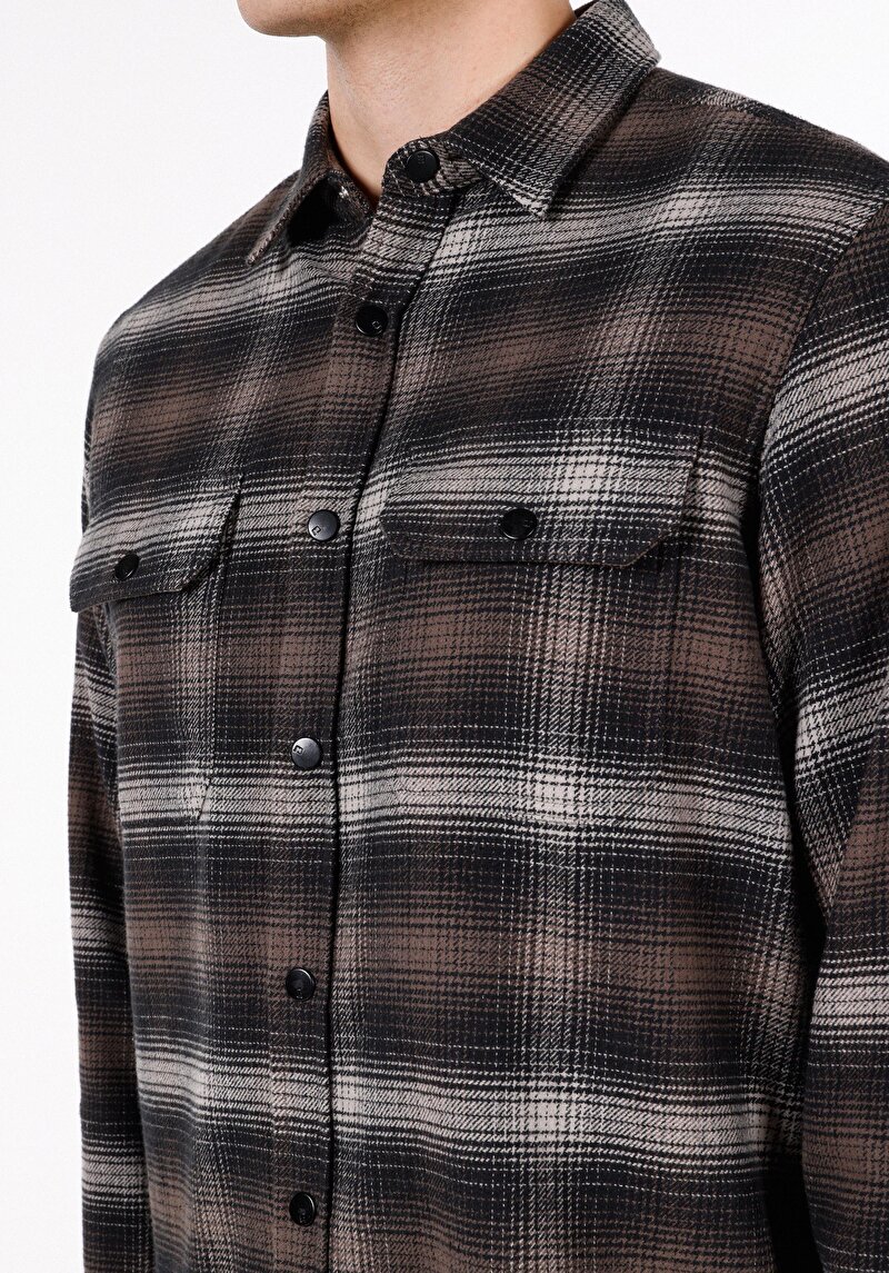 Comfort Fit Shirt Neck Ekoseli Erkek Kahverengi Uzun Kol Gömlek
