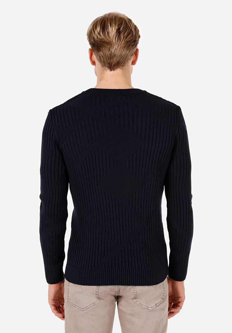 Regular Fit Yuvarlak Yaka Jakarlı Erkek Lacivert Triko Kazak