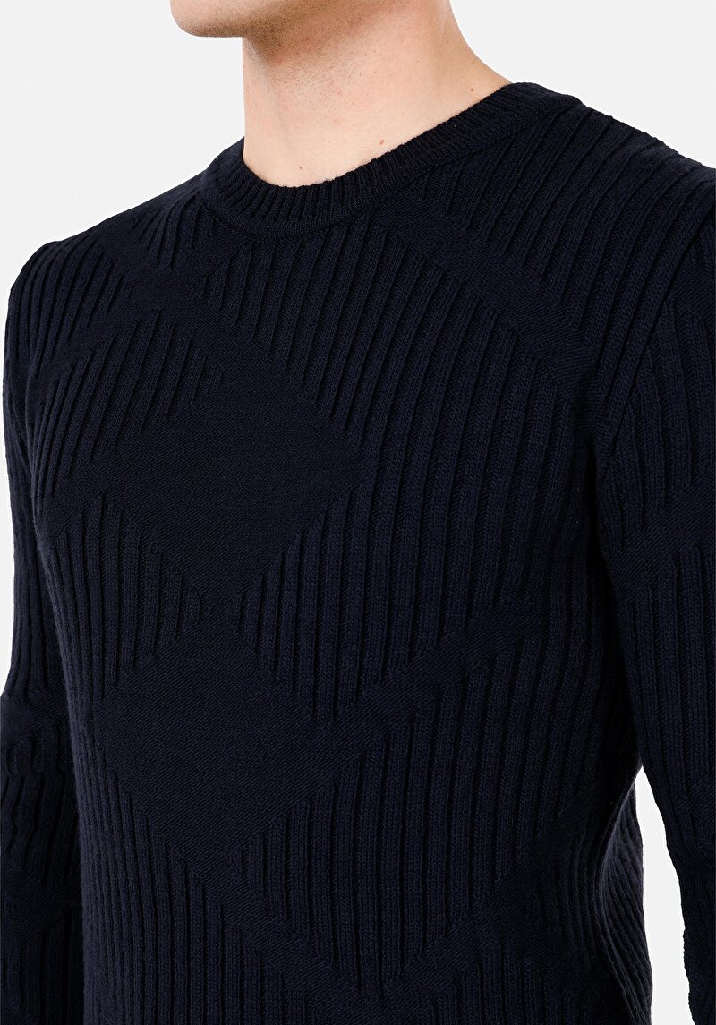 Regular Fit Yuvarlak Yaka Jakarlı Erkek Lacivert Triko Kazak