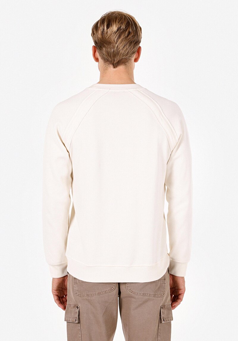 Regular Fit Yuvarlak Yaka Jakarlı Erkek Ekru Uzun Kol Tişört