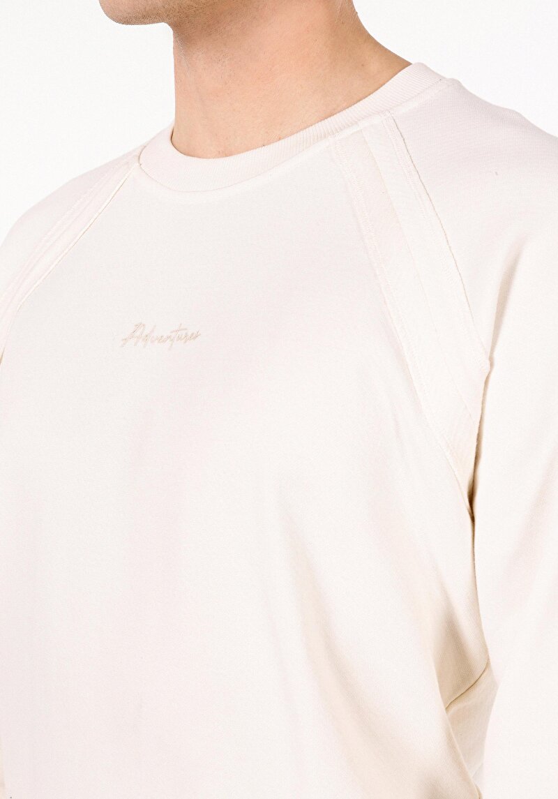 Regular Fit Yuvarlak Yaka Jakarlı Erkek Ekru Uzun Kol Tişört