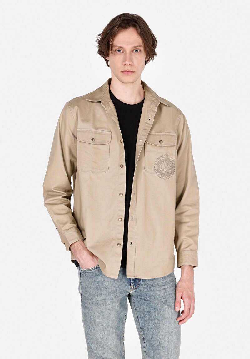 Comfort Fit Shirt Neck Düz Erkek Bej Uzun Kol Gömlek