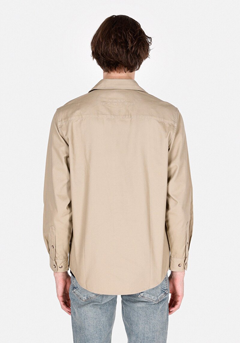 Comfort Fit Shirt Neck Düz Erkek Bej Uzun Kol Gömlek