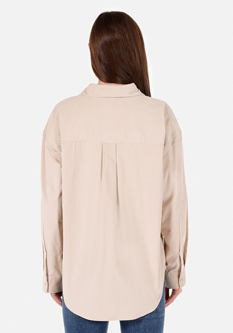 Regular Fit Shirt Neck Pamuklu Düz Kadın Bej Uzun Kol Gömlek