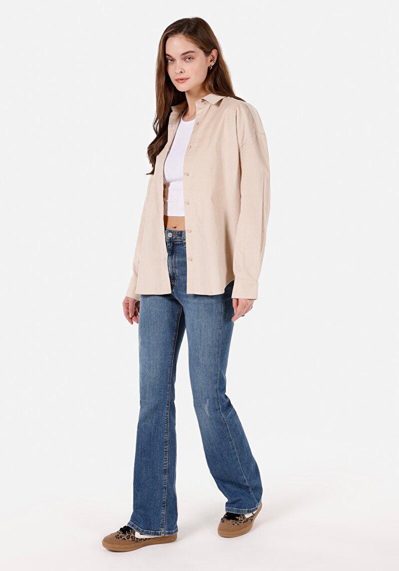 Regular Fit Shirt Neck Pamuklu Düz Kadın Bej Uzun Kol Gömlek