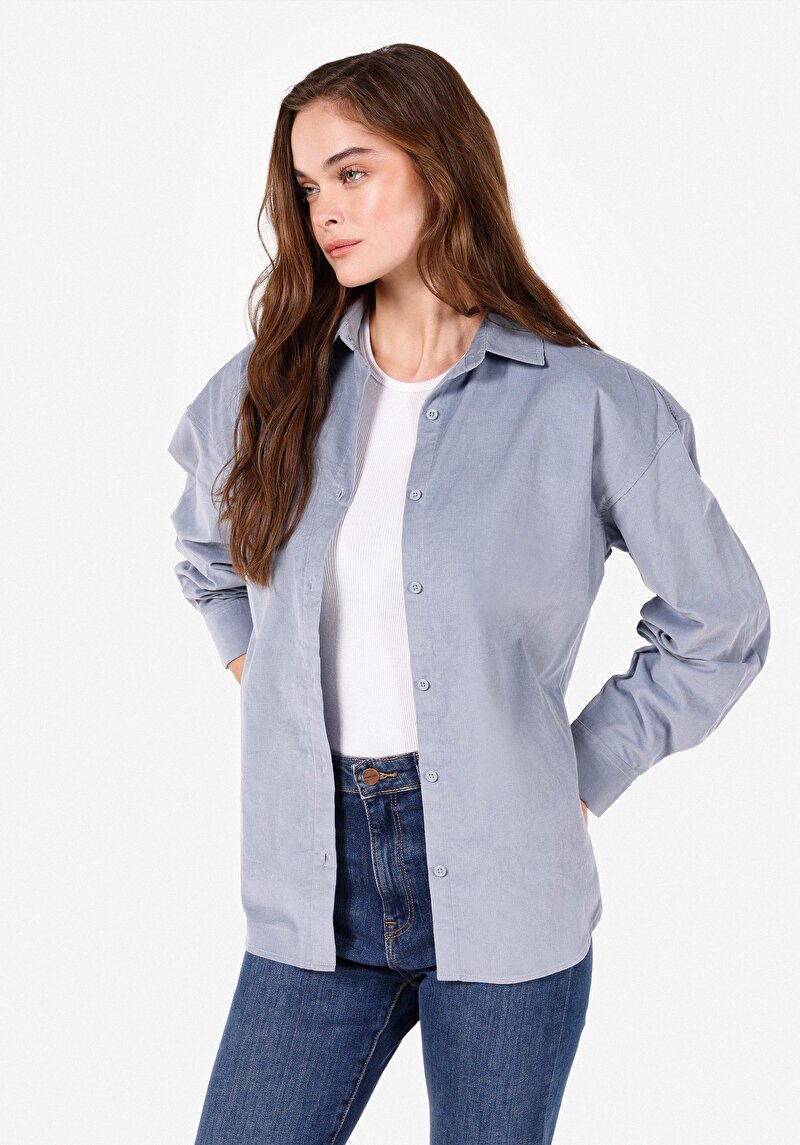 Regular Fit Shirt Neck Pamuklu Cepsiz Düz Kadın Mavi Uzun Kol Gömlek