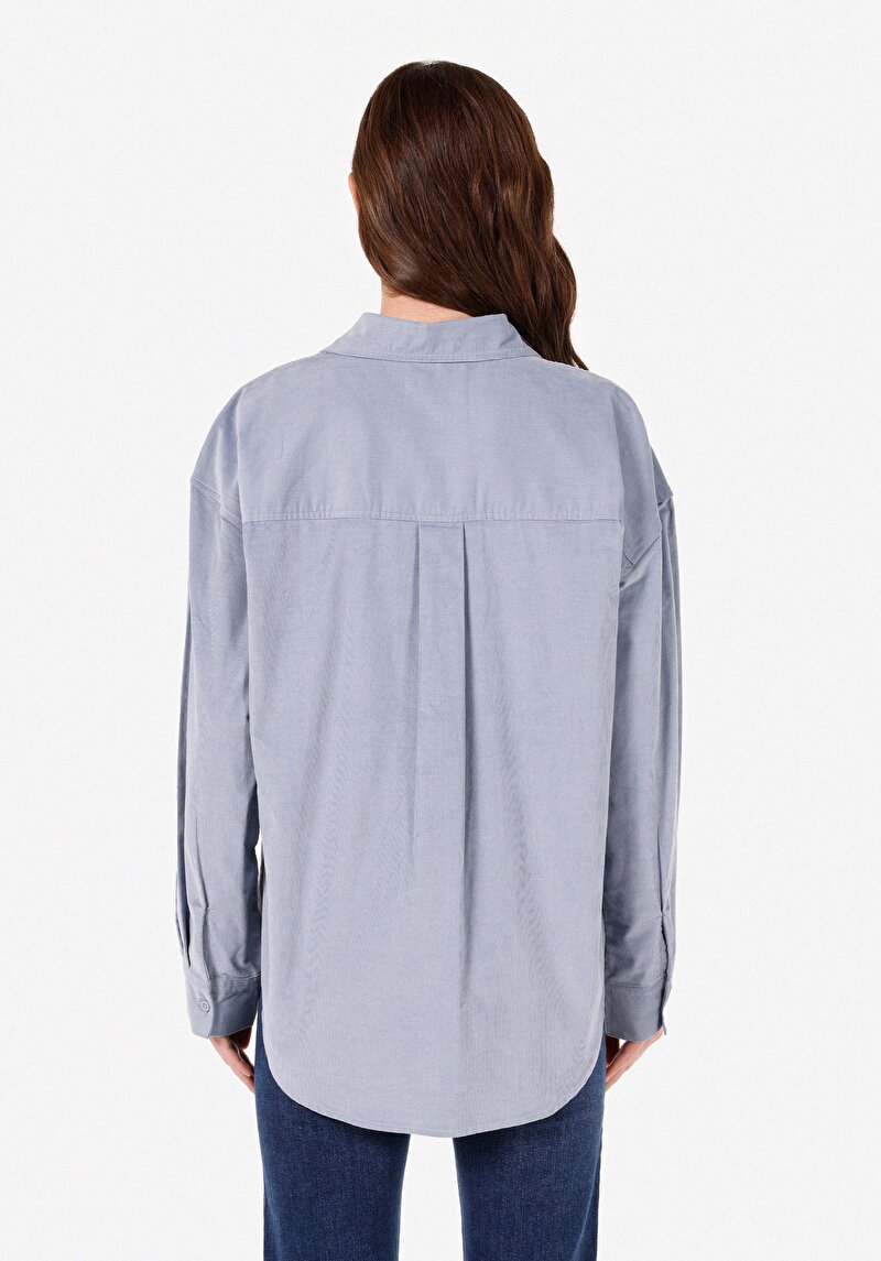 Regular Fit Shirt Neck Pamuklu Cepsiz Düz Kadın Mavi Uzun Kol Gömlek