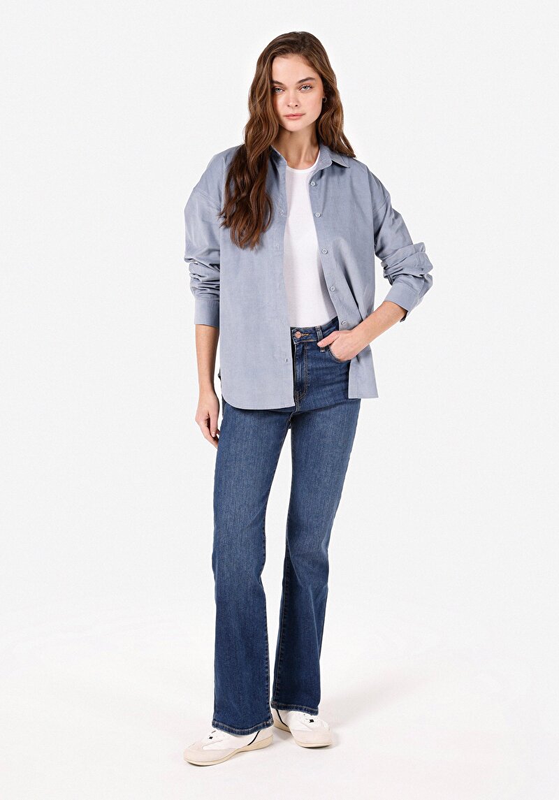 Regular Fit Shirt Neck Pamuklu Cepsiz Düz Kadın Mavi Uzun Kol Gömlek