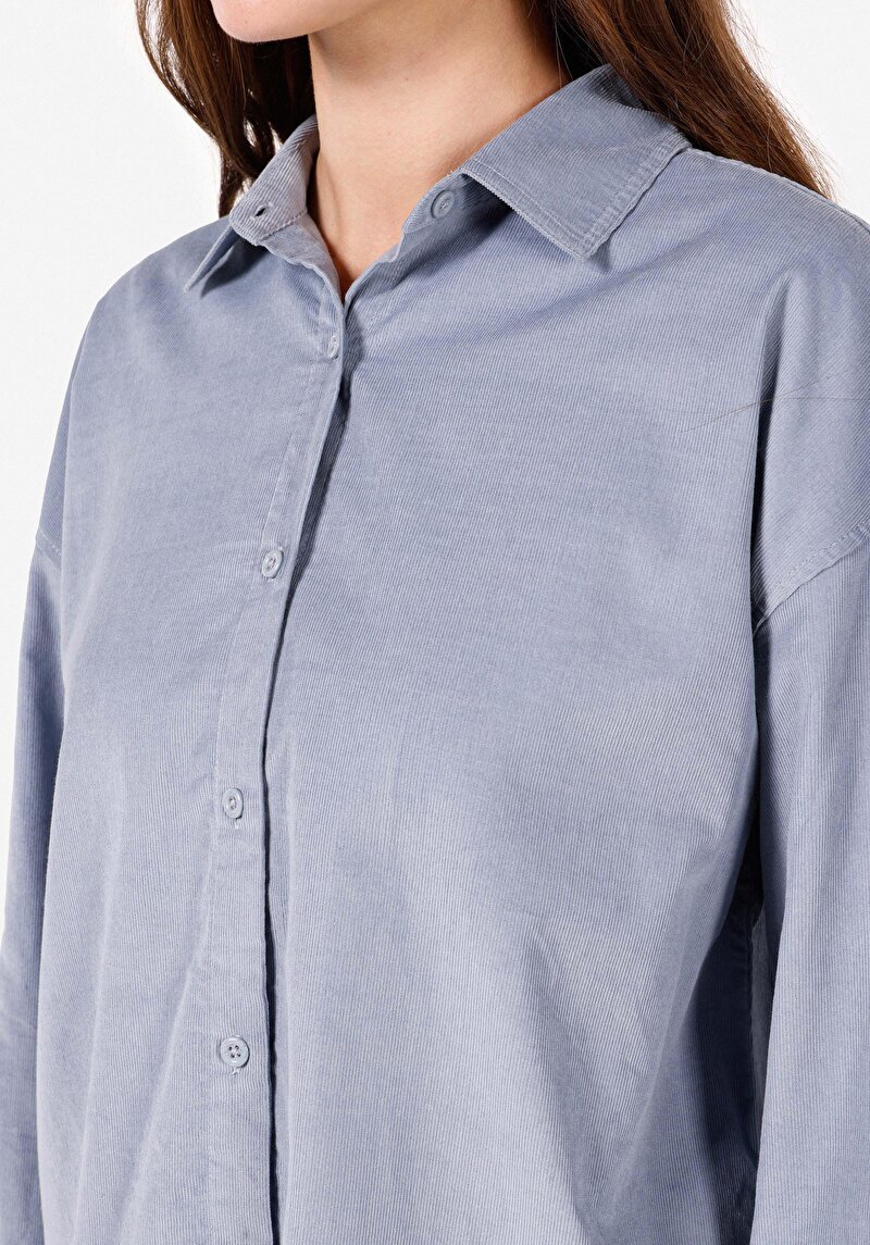 Regular Fit Shirt Neck Pamuklu Cepsiz Düz Kadın Mavi Uzun Kol Gömlek