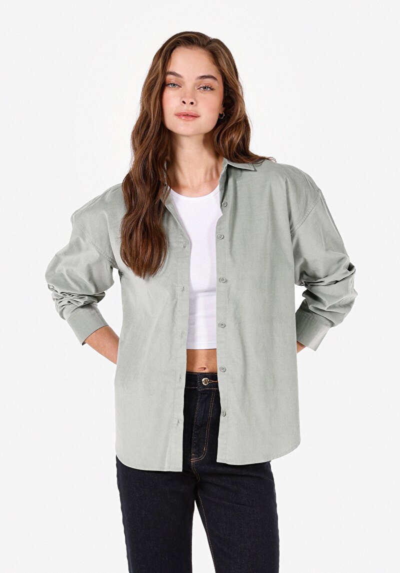 Regular Fit Shirt Neck Pamuklu Düz Kadın Yeşil Uzun Kol Gömlek