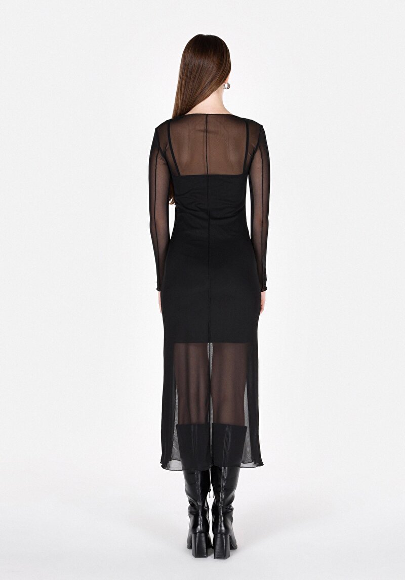 Slim Fit Düz Kadın Siyah Uzun Kol Elbise