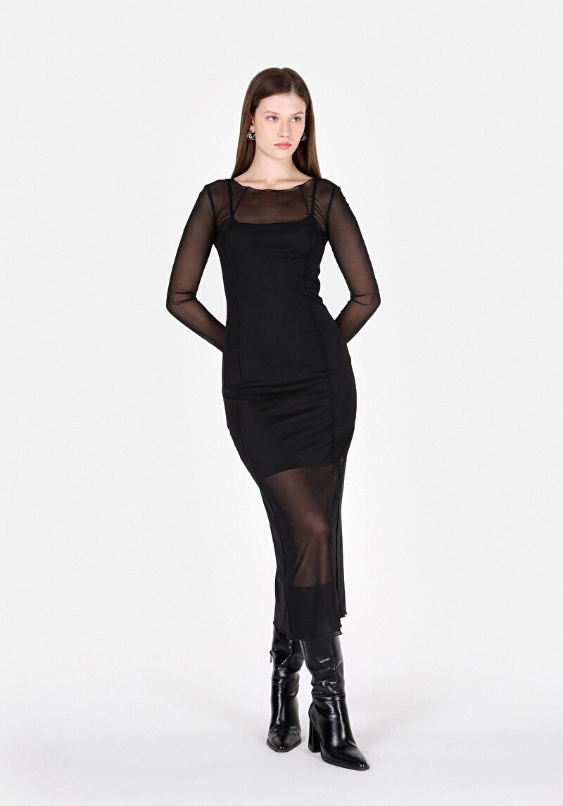 Slim Fit Düz Kadın Siyah Uzun Kol Elbise