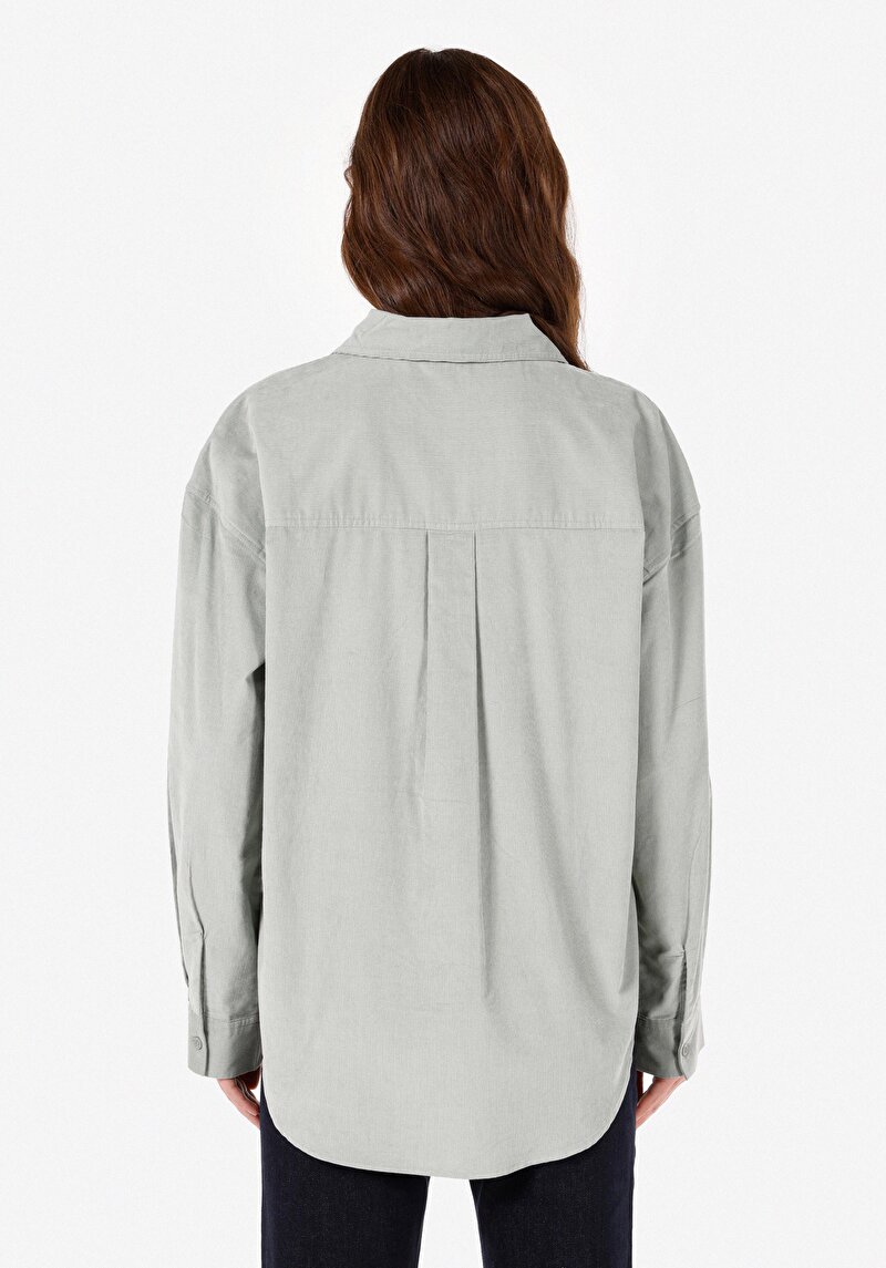 Regular Fit Shirt Neck Pamuklu Düz Kadın Yeşil Uzun Kol Gömlek