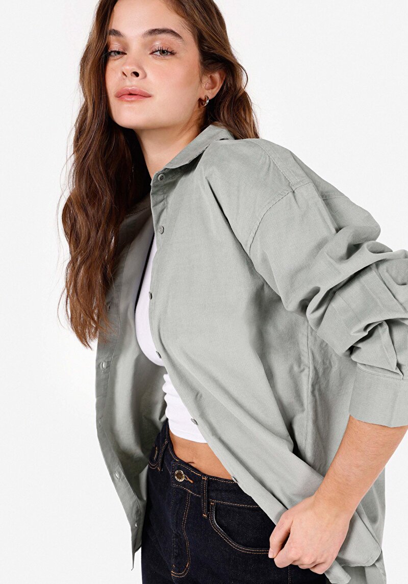 Regular Fit Shirt Neck Pamuklu Düz Kadın Yeşil Uzun Kol Gömlek