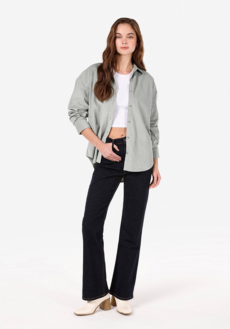 Regular Fit Shirt Neck Pamuklu Düz Kadın Yeşil Uzun Kol Gömlek