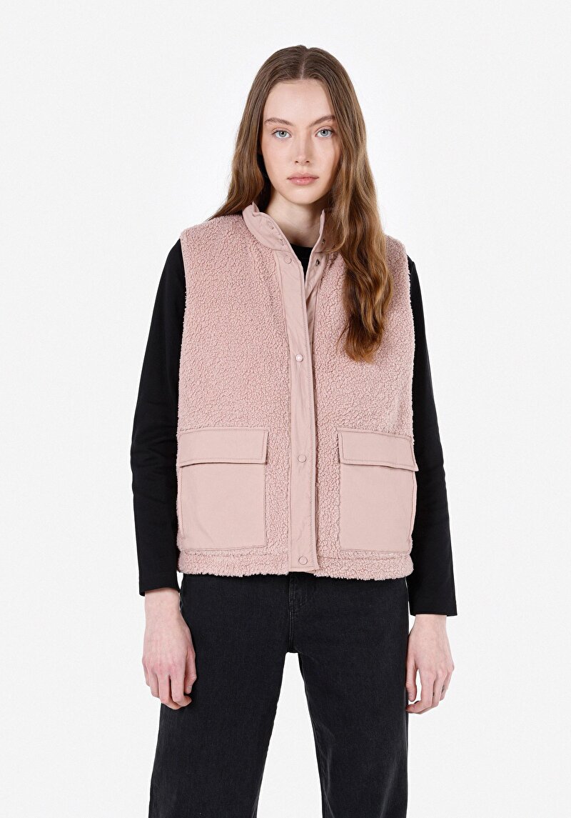 Regular Fit Dik Yaka Çıtçıtlı Astarlı Çift Yönlü Kadın Pembe Yelek