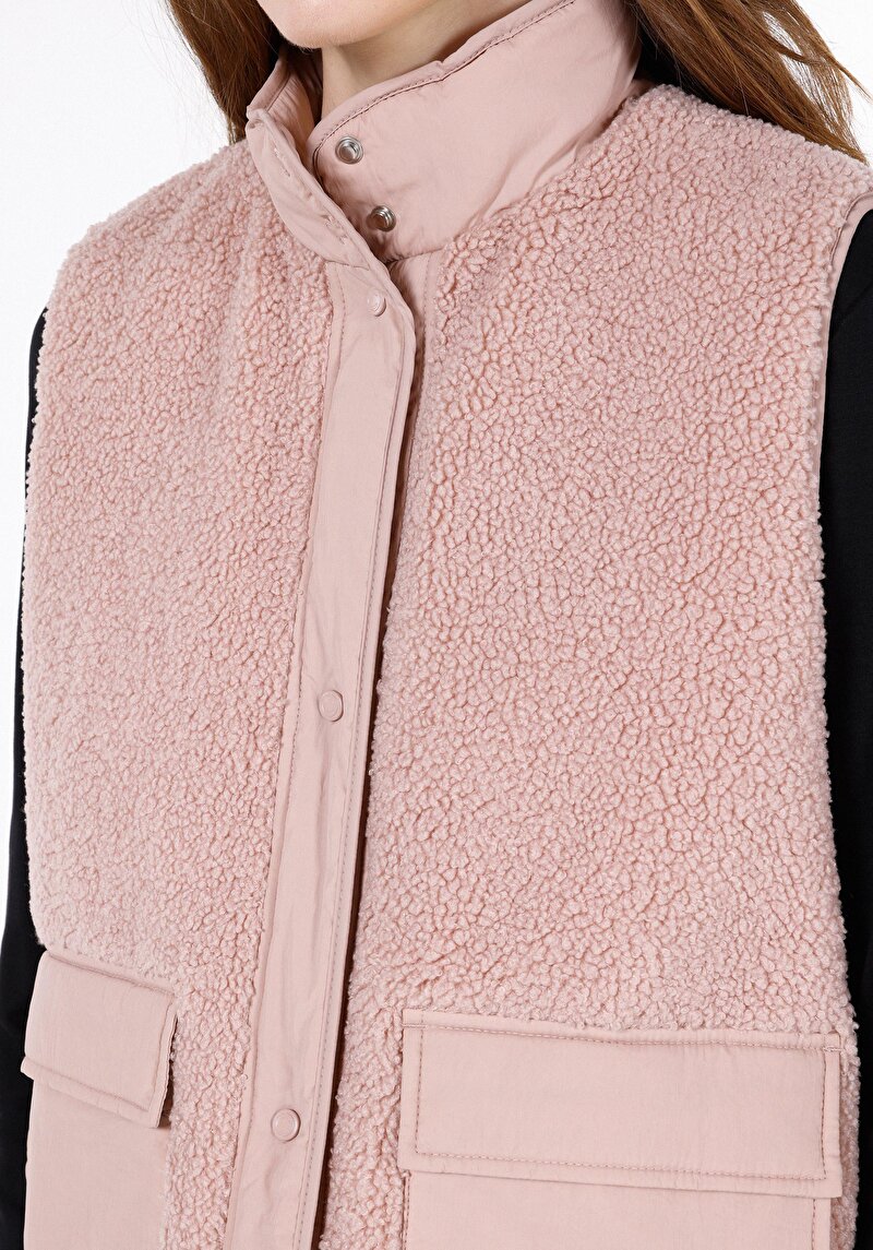 Regular Fit Dik Yaka Çıtçıtlı Astarlı Çift Yönlü Kadın Pembe Yelek