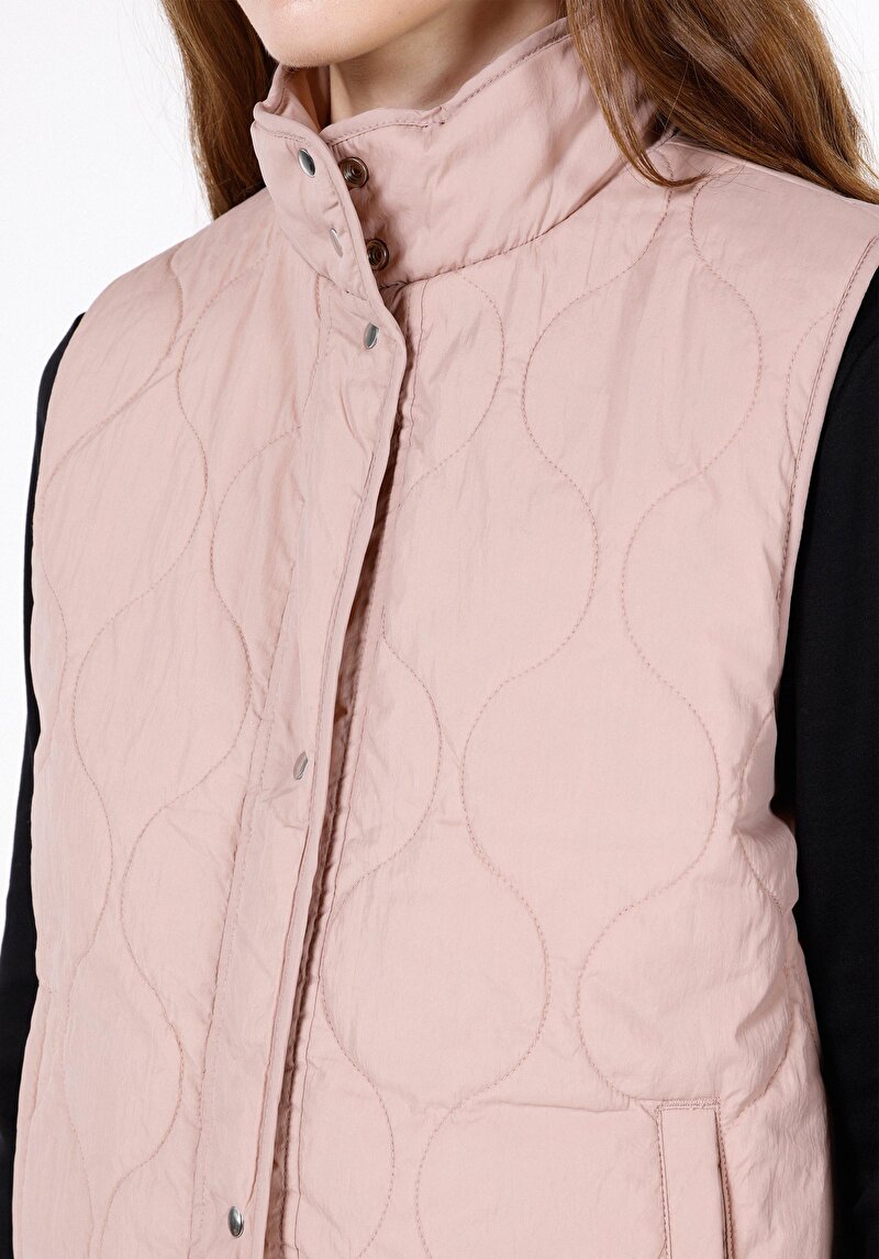 Regular Fit Dik Yaka Çıtçıtlı Astarlı Çift Yönlü Kadın Pembe Yelek