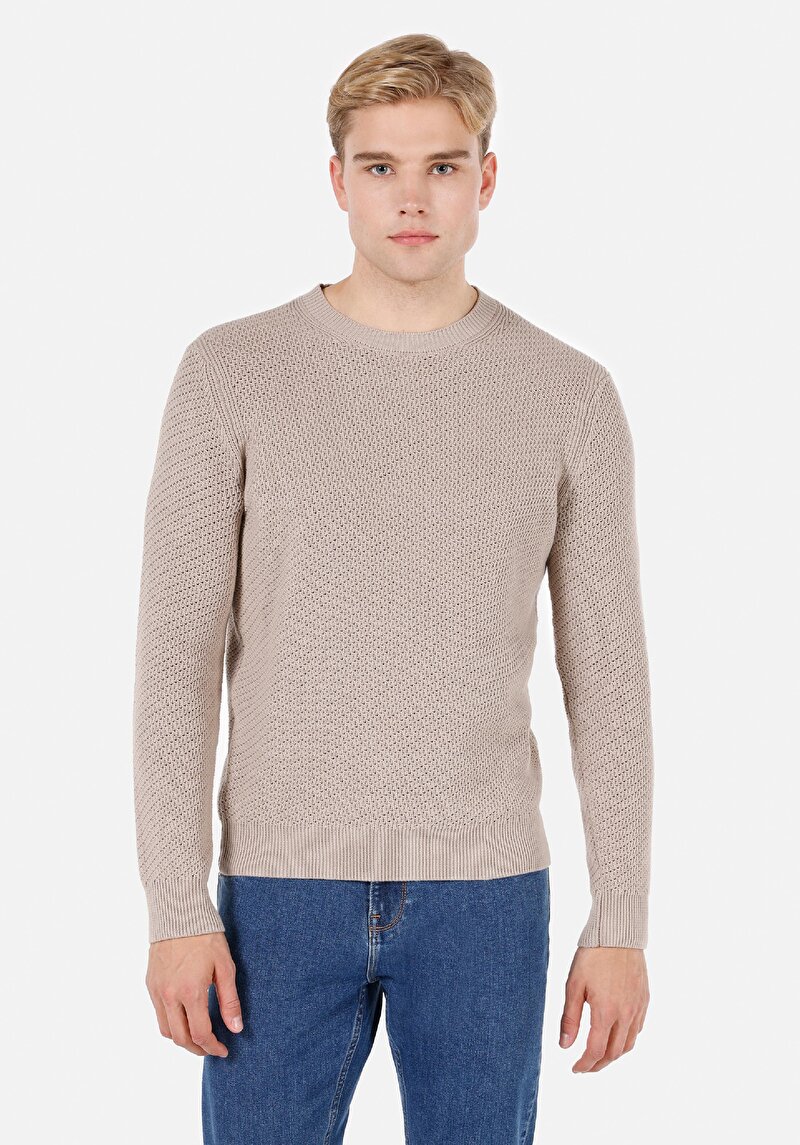 Regular Fit Yuvarlak Yaka Jakarlı Erkek Bej Kazak