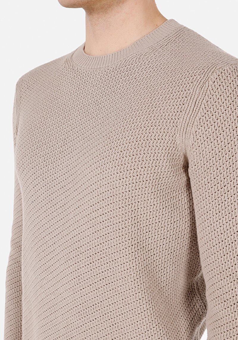 Regular Fit Yuvarlak Yaka Jakarlı Erkek Bej Kazak