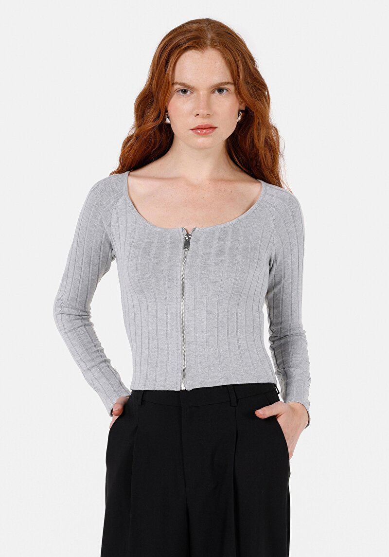 Slim Fit Derin Bisiklet Yaka Düz Kadın Gri Uzun Kol Tişört