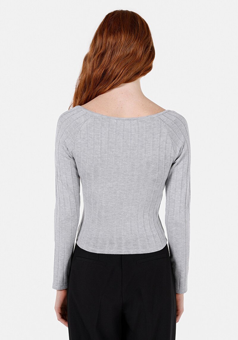 Slim Fit Derin Bisiklet Yaka Düz Kadın Gri Uzun Kol Tişört