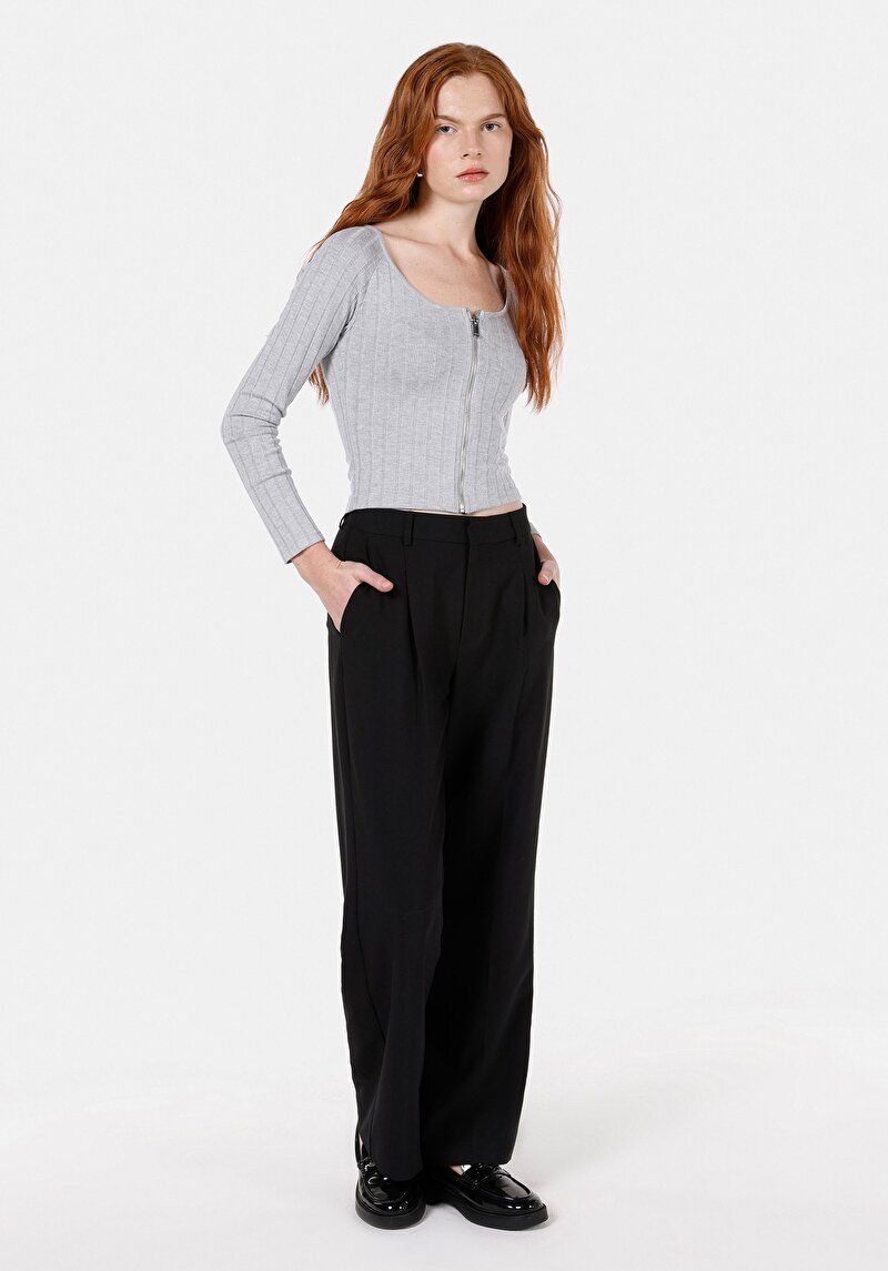 Slim Fit Derin Bisiklet Yaka Düz Kadın Gri Uzun Kol Tişört