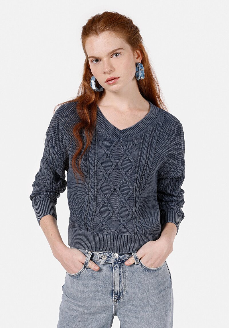 Regular Fit V Yaka Düz Kadın Mavi Kazak