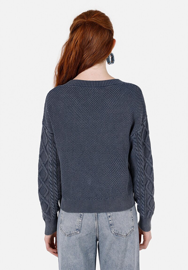 Regular Fit V Yaka Düz Kadın Mavi Kazak