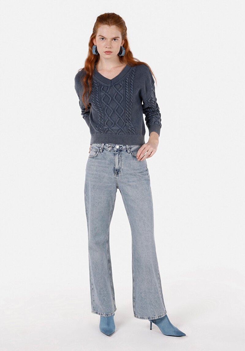 Regular Fit V Yaka Düz Kadın Mavi Kazak