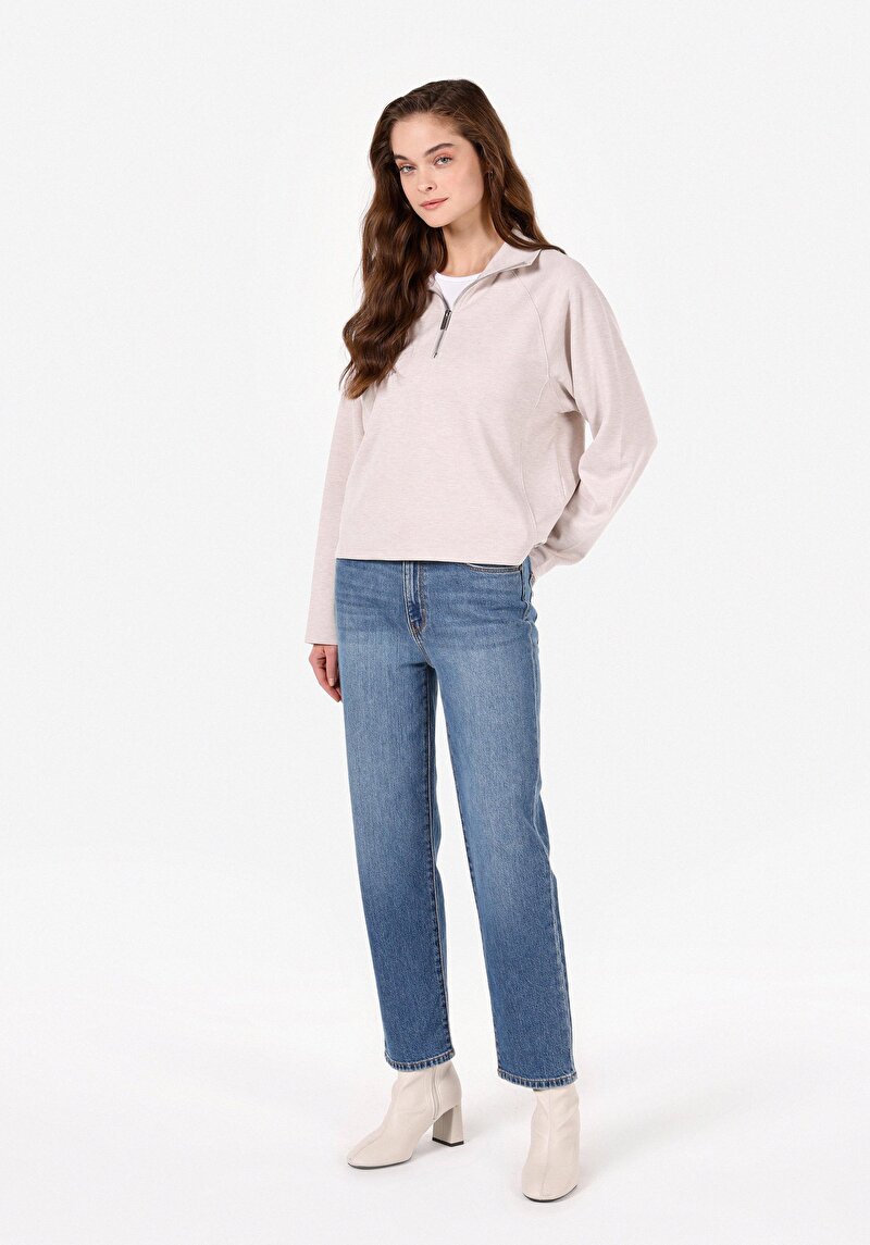 Regular Fit Fermuarlı Düz Kadın Bej Uzun Kol Tişört