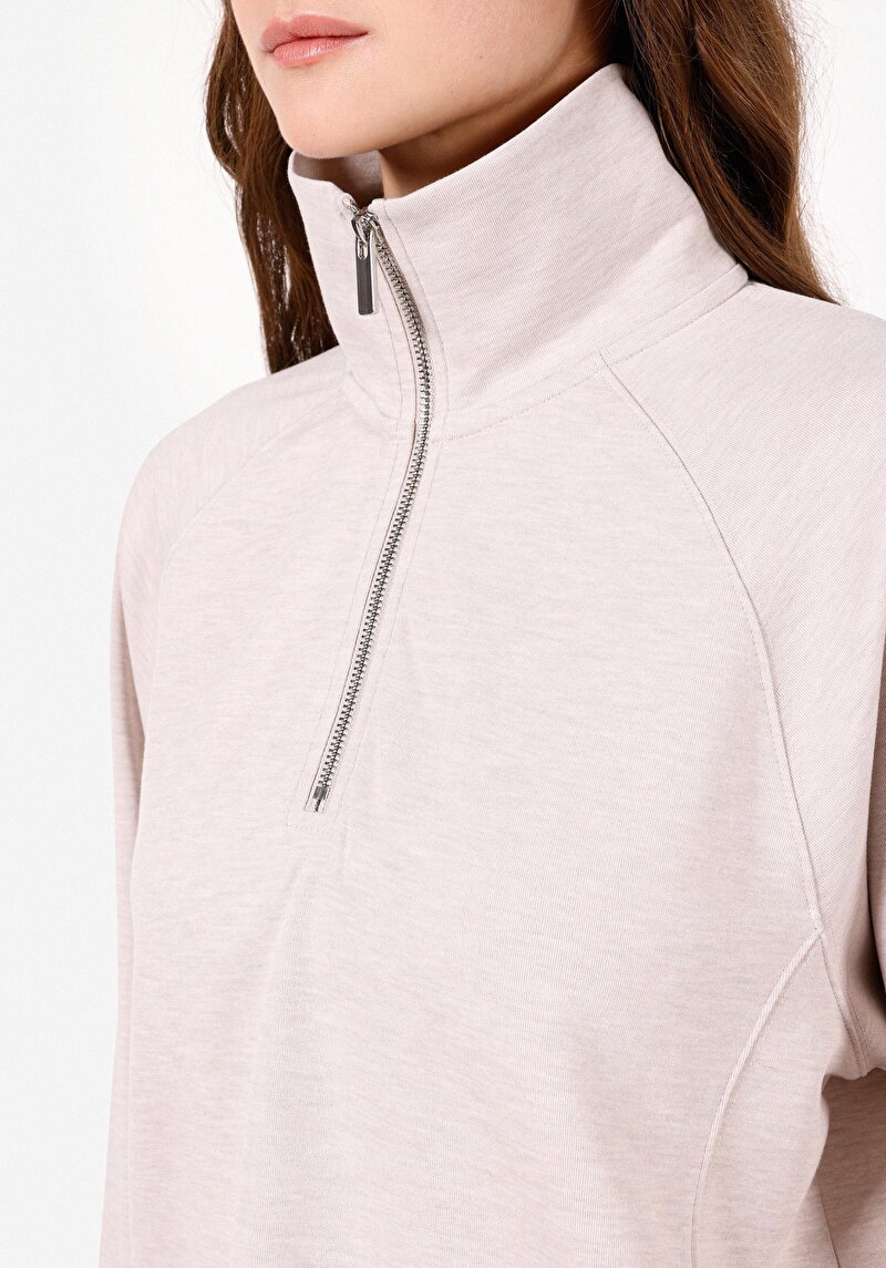 Regular Fit Fermuarlı Düz Kadın Bej Uzun Kol Tişört