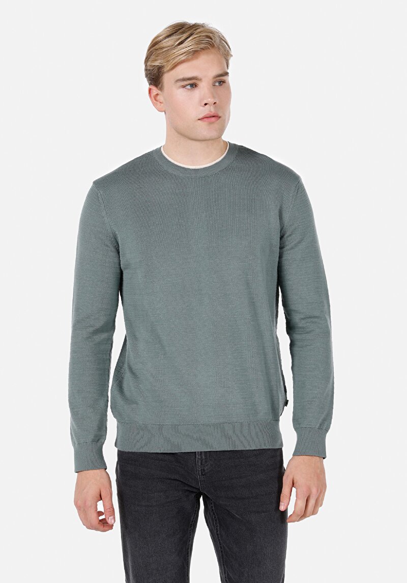 Regular Fit Yuvarlak Yaka Jakarlı Erkek Yeşil Kazak